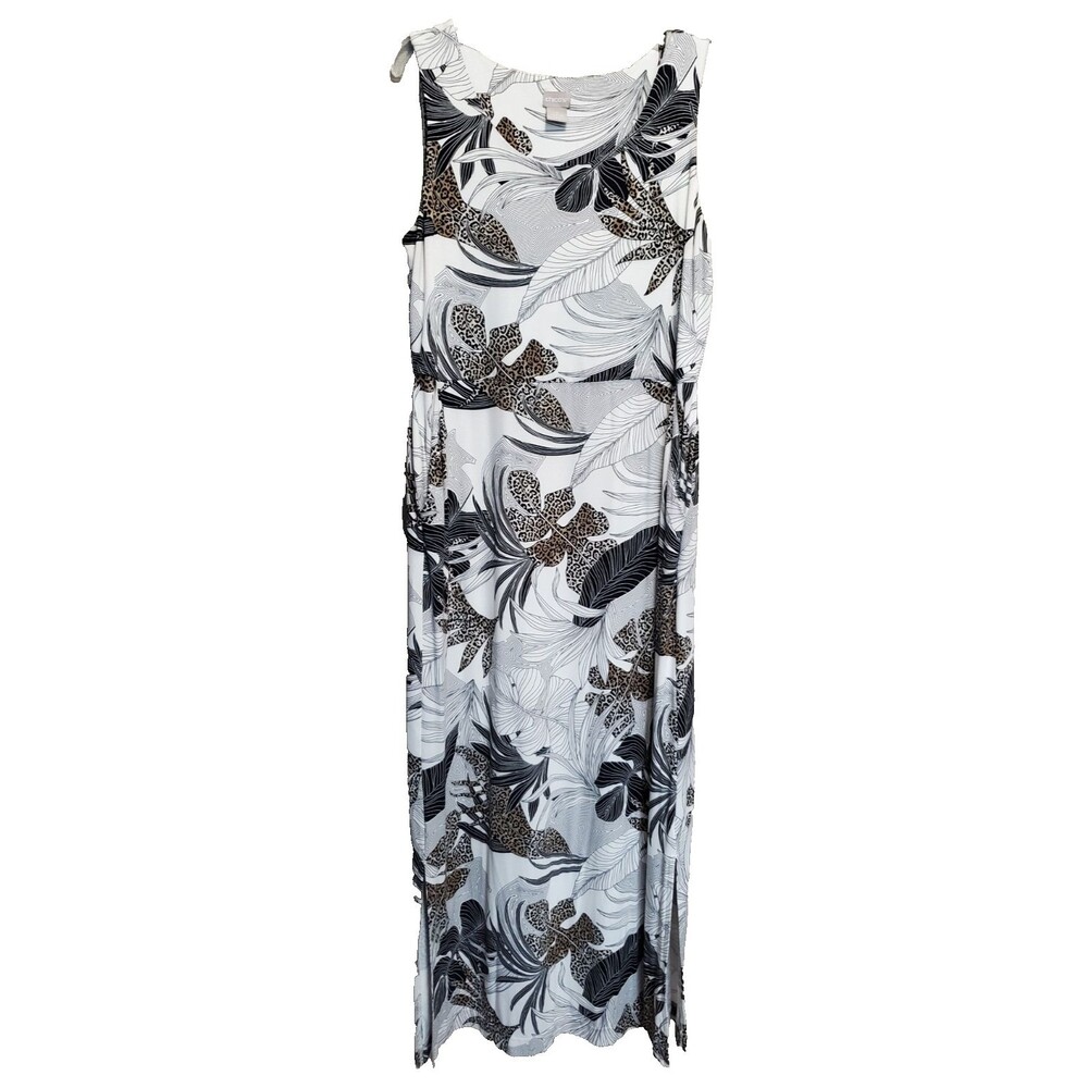 Chico’s Jersey Knit Tropical Palm Print Sleeveless Maxi Dress Size 1 Medium